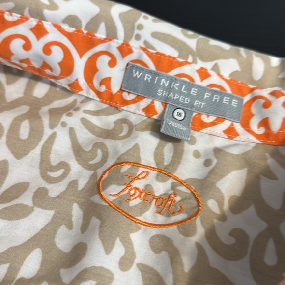 Foxcroft Size 16 Tan White Orange Floral Swirl Paisley3/4 sleeves button up - Picture 5 of 6